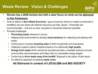 Waste Review:  Vision & Challenges Review has a 2030 horizon but with a clear focus on what can be  delivered in this Parliament. Aims to deliver a  Zero Waste Economy:  not  an economy where no waste is produced or landfilled, but one where all material resources are fully valued – financially and environmentally – and are re-used, recycled or recovered wherever possible.  Principal challenges: Preventing waste  wherever it occurs Helping local communities to develop  local solutions  for collecting and dealing with waste Continuing to increase  recycling rates  of both households and businesses Collection systems deliver material streams of a sufficiently  high quality Energy from waste  which cannot be recycled provides a valuable resource to local communities and businesses and helps with our renewable energy targets Continuing to  drive waste away from landfill . Disposal is the option of last resort. An effective approach to tackling  waste crime All Delivered in context of LOCALISM and BIG SOCIETY 