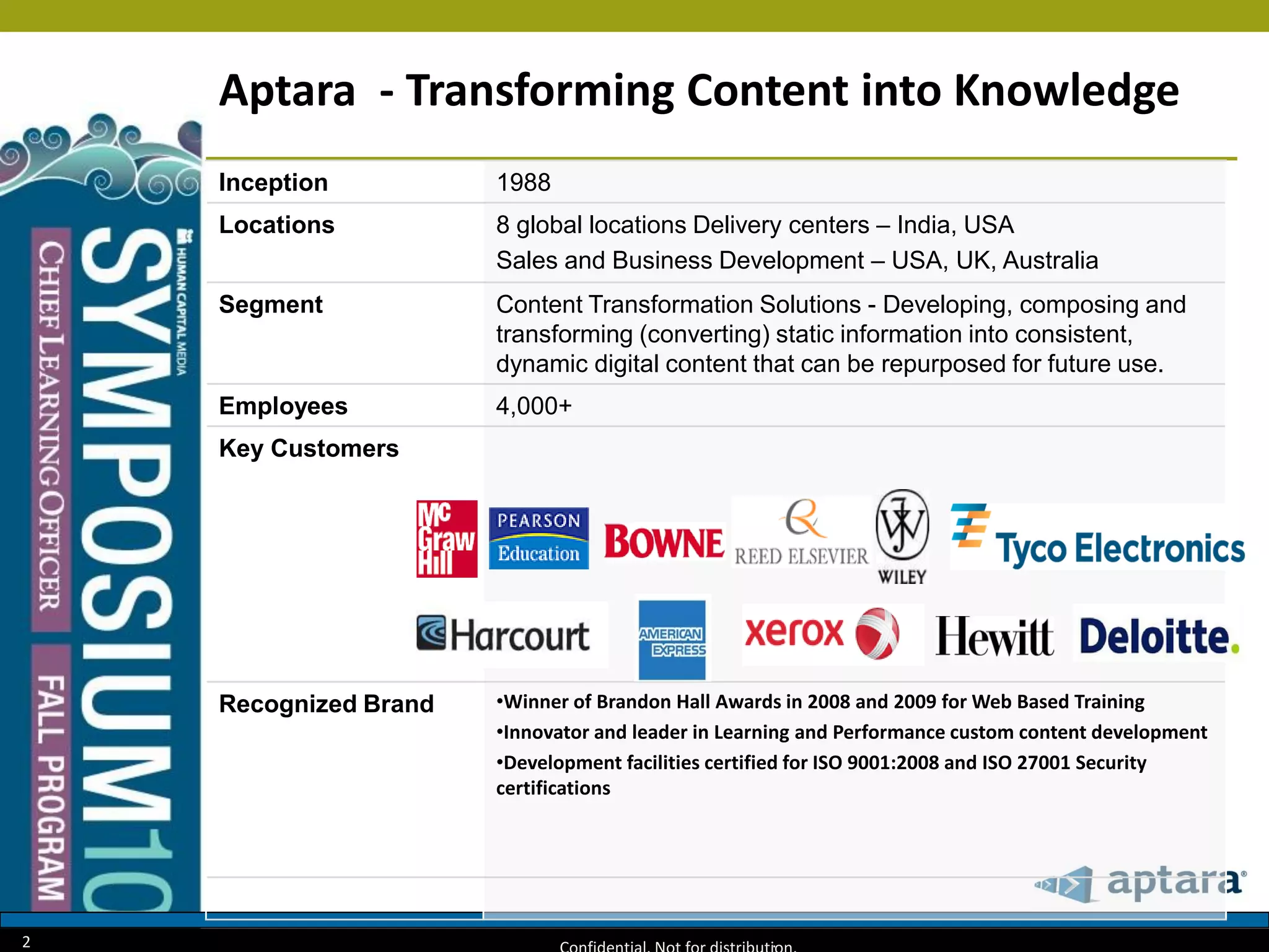 Aptara - Transforming Content into Knowledge
.2
Inception 1988
Locations 8 global locations Delivery centers – India, USA
Sales and Business Development – USA, UK, Australia
Segment Content Transformation Solutions - Developing, composing and
transforming (converting) static information into consistent,
dynamic digital content that can be repurposed for future use.
Employees 4,000+
Key Customers
Recognized Brand •Winner of Brandon Hall Awards in 2008 and 2009 for Web Based Training
•Innovator and leader in Learning and Performance custom content development
•Development facilities certified for ISO 9001:2008 and ISO 27001 Security
certifications
 