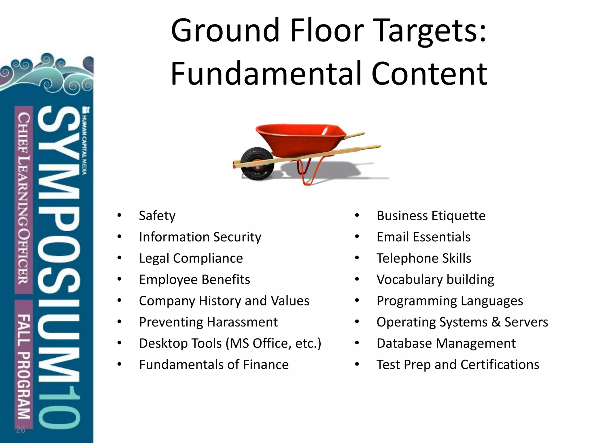 Ground Floor Targets:
Fundamental Content
• Safety
• Information Security
• Legal Compliance
• Employee Benefits
• Company History and Values
• Preventing Harassment
• Desktop Tools (MS Office, etc.)
• Fundamentals of Finance
• Business Etiquette
• Email Essentials
• Telephone Skills
• Vocabulary building
• Programming Languages
• Operating Systems & Servers
• Database Management
• Test Prep and Certifications
26
 