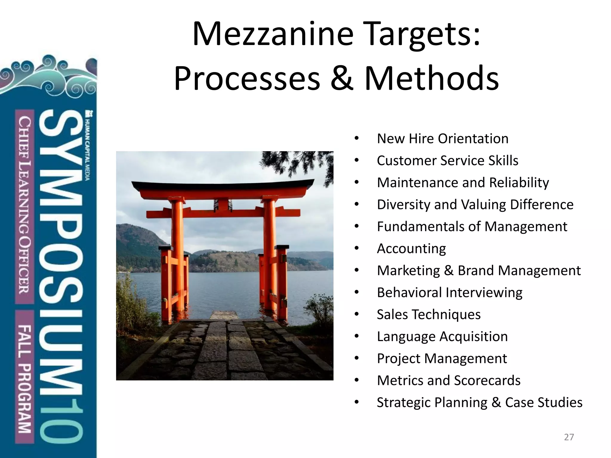 Mezzanine Targets:
Processes & Methods
• New Hire Orientation
• Customer Service Skills
• Maintenance and Reliability
• Diversity and Valuing Difference
• Fundamentals of Management
• Accounting
• Marketing & Brand Management
• Behavioral Interviewing
• Sales Techniques
• Language Acquisition
• Project Management
• Metrics and Scorecards
• Strategic Planning & Case Studies
27
 