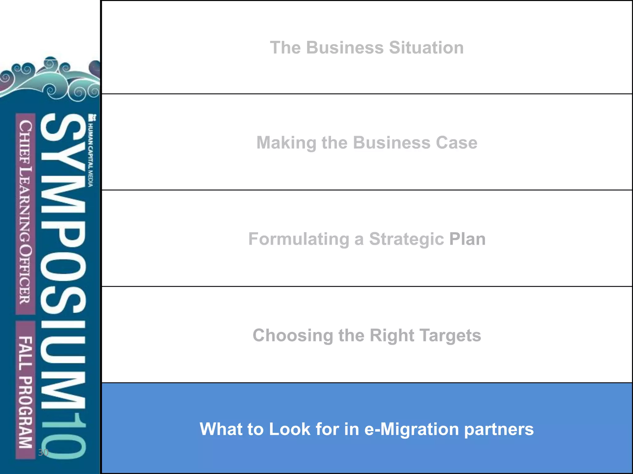 30
The Business Situation
Making the Business Case
Formulating a Strategic Plan
Choosing the Right Targets
What to Look for in e-Migration partners
 