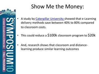 Show Me the Money:
• A study by Caterpillar University showed that e-Learning
delivery methods save between 40% to 80% compared
to classroom costs.
• This could reduce a $100k classroom program to $20k
• And, research shows that classroom and distance-
learning produce similar learning outcomes
14
 