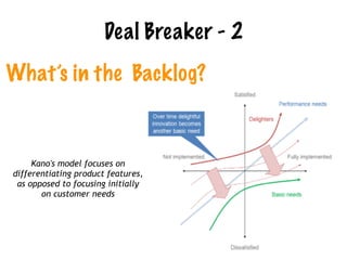 What’s in the Backlog?
Deal Breaker - 2
Kano's model focuses on
differentiating product features,
as opposed to focusing initially
on customer needs
 