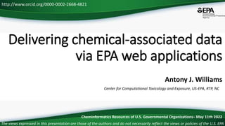 Center for Computational Toxicology and Exposure, US-EPA, RTP, NC
http://www.orcid.org/0000-0002-2668-4821
Delivering chemical-associated data
via EPA web applications
The views expressed in this presentation are those of the authors and do not necessarily reflect the views or policies of the U.S. EPA
Antony J. Williams
Cheminformatics Resources of U.S. Governmental Organizations– May 11th 2022
 