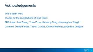 4
Acknowledgements
This is team work.
Thanks for the contributions of Intel Team:
PRC team: Jian Zhang, Yuan Zhou, Haodong Tang, Jianpeng Ma, Ning Li
US team: Daniel Ferber, Tushar Gohad, Orlando Moreno, Anjaneya Chagam
 