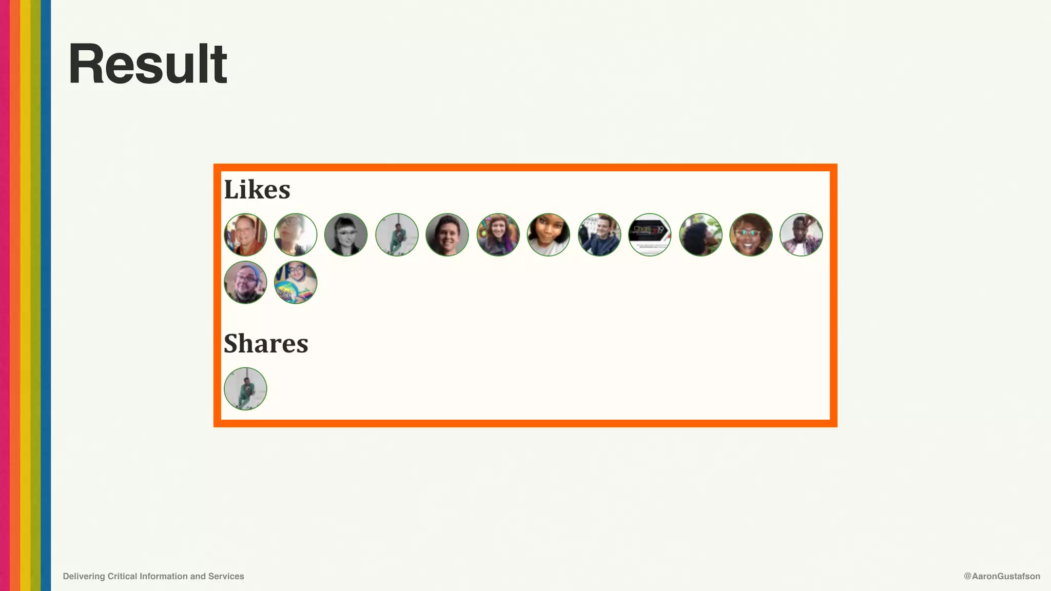 Delivering Critical Information and Services @AaronGustafson
Result
 