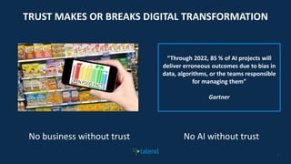 33
TRUST MAKES OR BREAKS DIGITAL TRANSFORMATION
No business without trust No AI without trust
“Through 2022, 85 % of AI projects will
deliver erroneous outcomes due to bias in
data, algorithms, or the teams responsible
for managing them”
Gartner
 