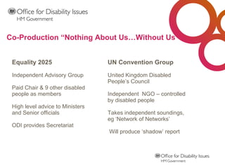 Equality 2025 Independent Advisory Group Paid Chair & 9 other disabled people as members High level advice to Ministers and Senior officials ODI provides Secretariat Co-Production “Nothing About Us…Without Us” UN Convention Group United Kingdom Disabled People’s Council Independent  NGO – controlled by disabled people Takes independent soundings, eg ‘Network of Networks’  Will produce ‘shadow’ report  