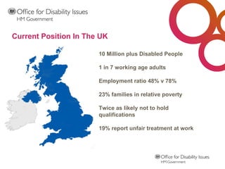 10 Million plus Disabled People 1 in 7 working age adults Employment ratio 48% v 78% 23% families in relative poverty Twice as likely not to hold qualifications 19% report unfair treatment at work Current Position In The UK 