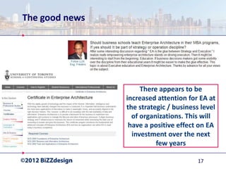 The good news




                     There appears to be
                increased attention for EA at
                the strategic / business level
                  of organizations. This will
                 have a positive effect on EA
                  investment over the next
                          few years

                                        17
 