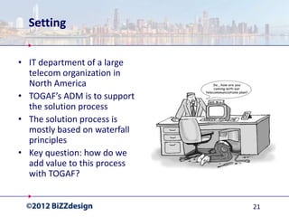 Setting


• IT department of a large
  telecom organization in
  North America
• TOGAF’s ADM is to support
  the solution process
• The solution process is
  mostly based on waterfall
  principles
• Key question: how do we
  add value to this process
  with TOGAF?


                              21
 