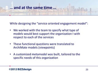 … and at the same time …


While designing the “service oriented engagement model”:

• We worked with the team to specify what type of
  models would best support the organization I with
  respect to each of the services

• These functional questions were translated to
  ArchiMate models (viewpoints)

• A customized metamodel was built, tailored to the
  specific needs of this organization


                                                      23
 