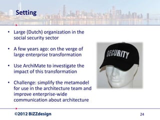 Setting

• Large (Dutch) organization in the
  social security sector

• A few years ago: on the verge of
  large enterprise transformation

• Use ArchiMate to investigate the
  impact of this transformation

• Challenge: simplify the metamodel
  for use in the architecture team and
  improve enterprise-wide
  communication about architecture

                                         24
 
