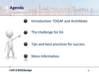 Agenda


         Introduction: TOGAF and ArchiMate

         The challenge for EA


         Tips and best practices for success


         More information


                                               5
 