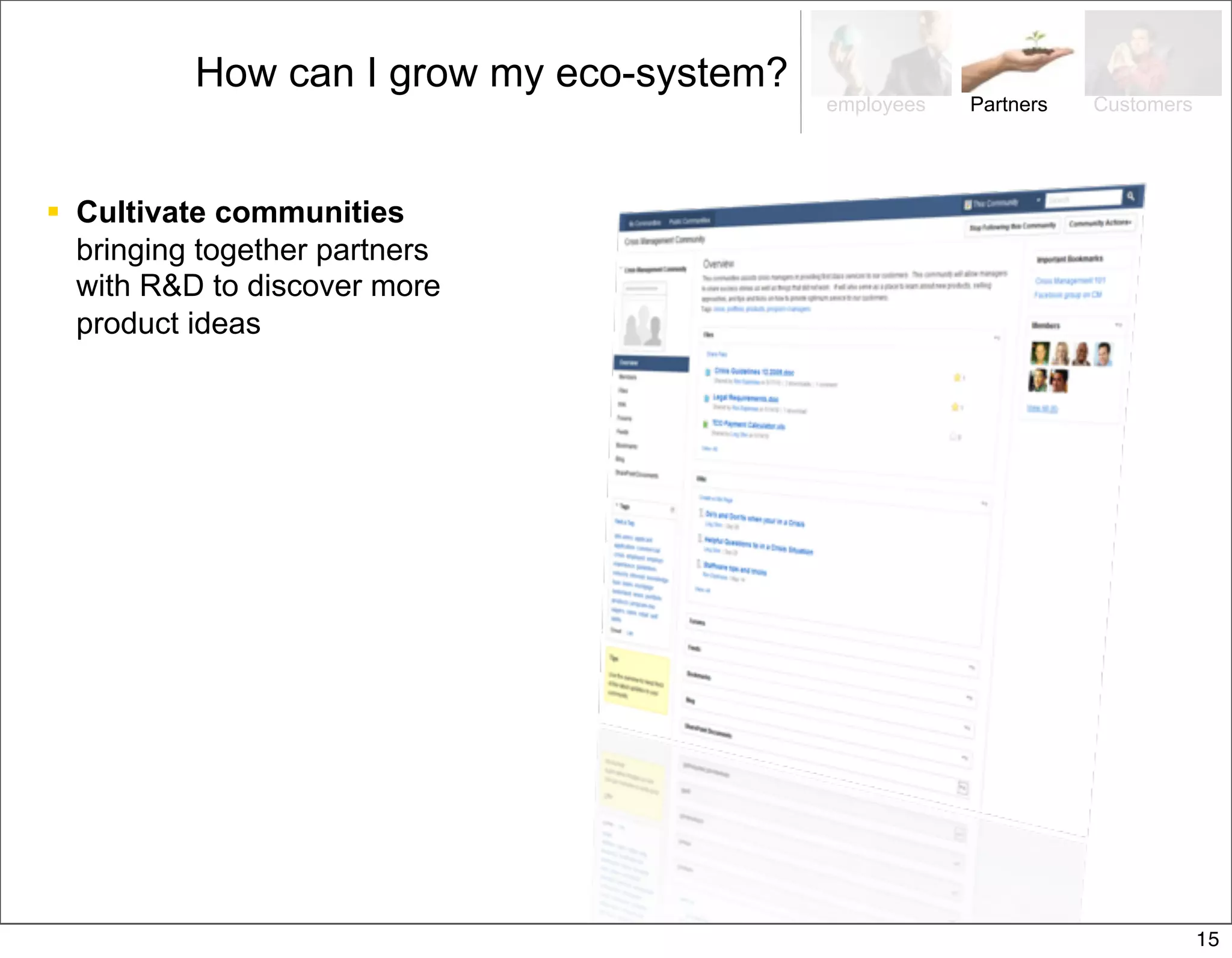 How can I grow my eco-system?
                                          employees   Partners   Customers




 Cultivate communities
  bringing together partners
  with R&D to discover more
  product ideas




                                                                             15
 