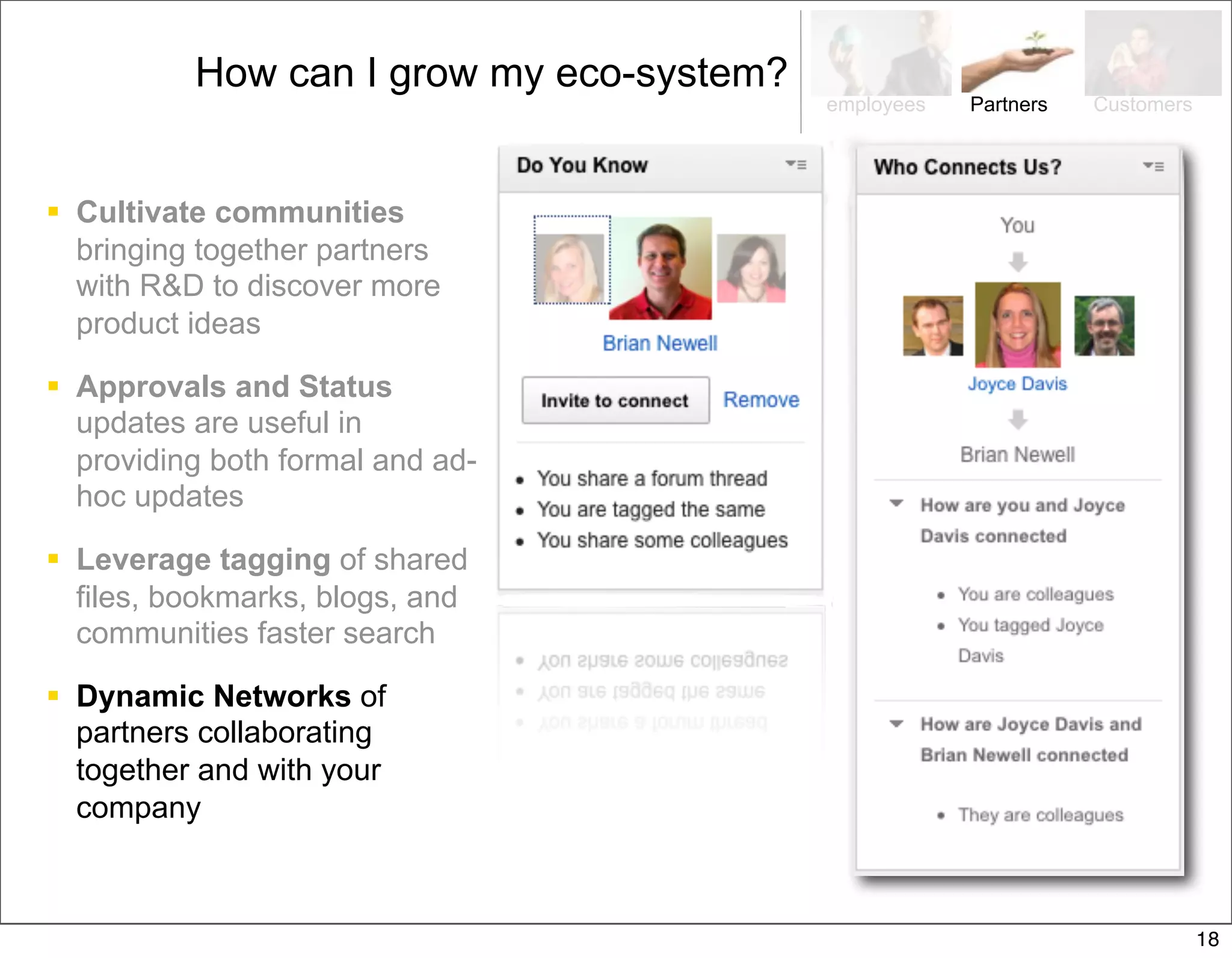 How can I grow my eco-system?
                                          employees   Partners   Customers




 Cultivate communities
  bringing together partners
  with R&D to discover more
  product ideas

 Approvals and Status
  updates are useful in
  providing both formal and ad-
  hoc updates

 Leverage tagging of shared
  files, bookmarks, blogs, and
  communities faster search

 Dynamic Networks of
  partners collaborating
  together and with your
  company



                                                                             18
 