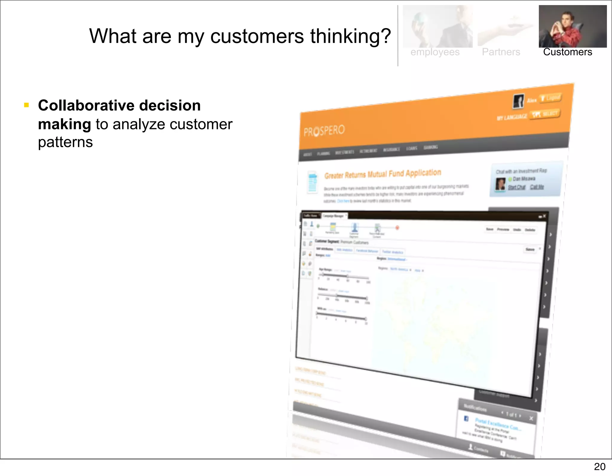 What are my customers thinking?
                                          employees   Partners   Customers




 Collaborative decision
  making to analyze customer
  patterns




                                                                             20
 