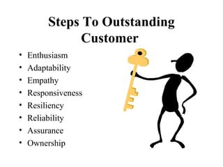 Steps To Outstanding
               Customer
•   Enthusiasm
•   Adaptability
•   Empathy
•   Responsiveness
•   Resiliency
•   Reliability
•   Assurance
•   Ownership
 