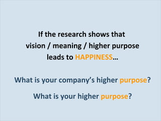 <ul><li>If the research shows that  </li></ul><ul><li>vision / meaning / higher purpose </li></ul><ul><li>leads to  HAPPIN...