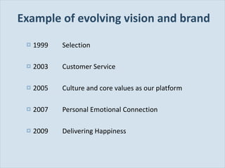 Example of evolving vision and brand 1999 Selection 2003 Customer Service 2005 Culture and core values as our platform 2007 Personal Emotional Connection 2009 Delivering Happiness 