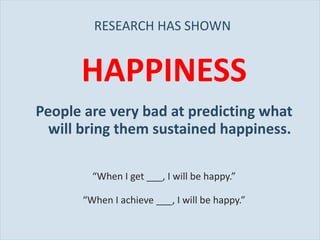 RESEARCH HAS SHOWN  HAPPINESS People are very bad at predicting what will bring them sustained happiness. “ When I get ___, I will be happy.” “ When I achieve ___, I will be happy.” 