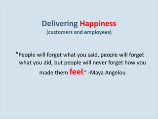 Delivering  Happiness (customers and employees) “ People will forget what you said, people will forget what you did, but people will never forget how you made them  feel .” -Maya Angelou 