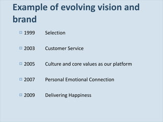 Example of evolving vision and brand 1999 Selection 2003 Customer Service 2005 Culture and core values as our platform 2007 Personal Emotional Connection 2009 Delivering Happiness 
