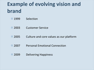 Example of evolving vision and brand 1999 Selection 2003 Customer Service 2005 Culture and core values as our platform 2007 Personal Emotional Connection 2009 Delivering Happiness 