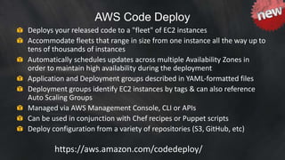 AWS Code Deploy 
Deploys your released code to a "fleet" of EC2 instances 
Accommodate fleets that range in size from one instance all the way up to 
tens of thousands of instances 
Automatically schedules updates across multiple Availability Zones in 
order to maintain high availability during the deployment 
Application and Deployment groups described in YAML-formatted files 
Deployment groups identify EC2 instances by tags & can also reference 
Auto Scaling Groups 
Managed via AWS Management Console, CLI or APIs 
Can be used in conjunction with Chef recipes or Puppet scripts 
Deploy configuration from a variety of repositories (S3, GitHub, etc) 
https://aws.amazon.com/codedeploy/ 
 