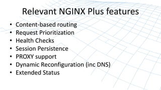 Relevant NGINX Plus features 
• Content-based routing 
• Request Prioritization 
• Health Checks 
• Session Persistence 
• PROXY support 
• Dynamic Reconfiguration (inc DNS) 
• Extended Status 
 