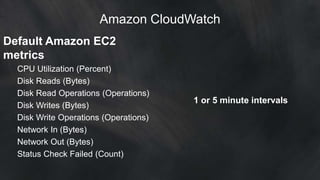 Amazon CloudWatch 
Default Amazon EC2 
metrics 
CPU Utilization (Percent) 
Disk Reads (Bytes) 
Disk Read Operations (Operations) 
Disk Writes (Bytes) 
Disk Write Operations (Operations) 
Network In (Bytes) 
Network Out (Bytes) 
Status Check Failed (Count) 
1 or 5 minute intervals 
 
