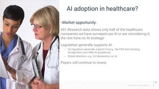 © Cloudera, Inc. All rights reserved.
AI adoption in healthcare?
• Market opportunity:
451 Research data shows only half of the healthcare
companies we have surveyed use AI or are considering it;
the rest have no AI strategy!
Legislation generally supports AI:
• US regulators generally support AI (e.g., the FDA fast tracking
AI/algorithm and AMA AI guidelines).
• Global attention; e.g., EU declaration on AI.
Payers will continue to invest.
10
 