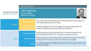 © Cloudera, Inc. All rights reserved.
Insight
Market Insight
Your radar into the competitive IoT landscape, with daily analysis of
the market delivered to your inbox.
Technology &
Business Insight
In-depth analysis of key technologies and players driving the IoT
market: Connectivity, Security, Software, Cloud, etc.
Data
Customer Data
Enterprise and consumer perspective on the early adoption and
demonstrable benefit of IoT, captured in quarterly surveys.
Market Data
Market sizing and forecasting of the myriad device types and radios
driving the IoT revolution, built from bottoms-up analysis.
M&A
A complete database of M&A activity for IoT technology vendors and
service providers.
TODAY’S SPEAKER
John Spooner
Senior Analyst,
Internet of Things
Research Channel
INTERNET OF THINGS
3
 