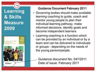 10
               Guidance Document February 2011
Learning    Governing bodies should make available
& Skills     learning coaching to guide, coach and
             mentor young people to plan their
Measure      individual learning pathway, make
2009         informed decisions, identify goals and
             become independent learners
            Learning coaching is a function which
             can be provided by an individual or by a
             team and can be delivered to individuals
             or groups - depending on the needs of
             the young person/people.

              Guidance document No: 047/2011
              Date of issue: February 2011
 