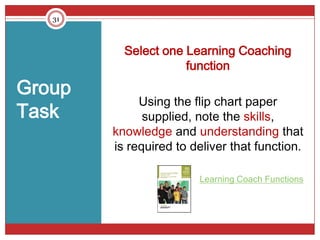 31



          Select one Learning Coaching
                     function
Group
             Using the flip chart paper
Task          supplied, note the skills,
        knowledge and understanding that
        is required to deliver that function.

                        Learning Coach Functions
 