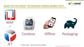 Copyright © 2018, eProseed and/or its affiliates. All rights reserved. | Confidential
WHAT DO YOU NEED* TO DEVELOP HYBRID MOBILE APP?
Cordova
JET
PackagingOffline
Phone photo by Terje Sollie from Pexels
MAF
or
* Oracle tools - other tools are available!
 