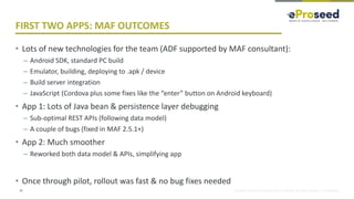 Copyright © 2018, eProseed and/or its affiliates. All rights reserved. | Confidential
FIRST TWO APPS: MAF OUTCOMES
• Lots of new technologies for the team (ADF supported by MAF consultant):
– Android SDK, standard PC build
– Emulator, building, deploying to .apk / device
– Build server integration
– JavaScript (Cordova plus some fixes like the “enter” button on Android keyboard)
• App 1: Lots of Java bean & persistence layer debugging
– Sub-optimal REST APIs (following data model)
– A couple of bugs (fixed in MAF 2.5.1+)
• App 2: Much smoother
– Reworked both data model & APIs, simplifying app
• Once through pilot, rollout was fast & no bug fixes needed
19
 