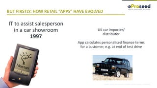 Copyright © 2018, eProseed and/or its affiliates. All rights reserved. | Confidential
BUT FIRSTLY: HOW RETAIL “APPS” HAVE EVOLVED
7
UK car importer/
distributor
App calculates personalised finance terms
for a customer, e.g. at end of test drive
IT to assist salesperson
in a car showroom
1997
 