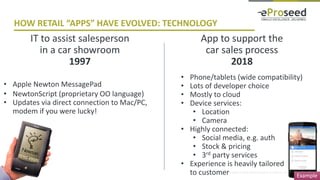 Copyright © 2018, eProseed and/or its affiliates. All rights reserved.
HOW RETAIL “APPS” HAVE EVOLVED: TECHNOLOGY
6
• Apple Newton MessagePad
• NewtonScript (proprietary OO language)
• Updates via direct connection to Mac/PC,
modem if you were lucky!
IT to assist salesperson
in a car showroom
1997
App to support the
car sales process
2018
• Phone/tablets (wide compatibility)
• Lots of developer choice
• Mostly to cloud
• Device services:
• Location
• Camera
• Highly connected:
• Social media, e.g. auth
• Stock & pricing
• 3rd party services
• Experience is heavily tailored
to customer Example
 