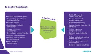 3
Industry feedback
Webinar: Cell Line Engineering
 Support the use of
concentrated feeds
 Provide for reduced
analytical workload
 Support clone stability
 Maintain/enable favorable PQ
attributes
 Reduce regulatory
compliance costs
 Control/reduce metabolic
waste
 Reduce product and process
related impurities
 Reduce regulatory and risk
considerations
 Increase process robustness
 Promote high product yield
 Support high growth rates
and cell densities
 Scalable process
 Provide batch to batch
consistency
 Support single use
disposables
 Downstream process friendly
 Promote culture longevity
 Maintain product stability
through harvest
 Reduce product
heterogeneity
What makes a robust
therapeutic protein
manufacturing
process?
 