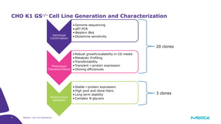 9 Webinar: Cell Line Engineering
CHO K1 GS-/- Cell Line Generation and Characterization
Genotype
Confirmation
•Genome sequencing
•qRT-PCR
•Western Blot
•Glutamine sensitivity
Phenotype
Characterization
•Robust growth/scalability in CD media
•Metabolic Profiling
•Transfectability
•Transient r-protein expression
•Cloning efficiencies
Performance
Validation
•Stable r-protein expression
•High pool and clone titers
•Long term stability
•Complex N-glycans
20 clones
3 clones
 