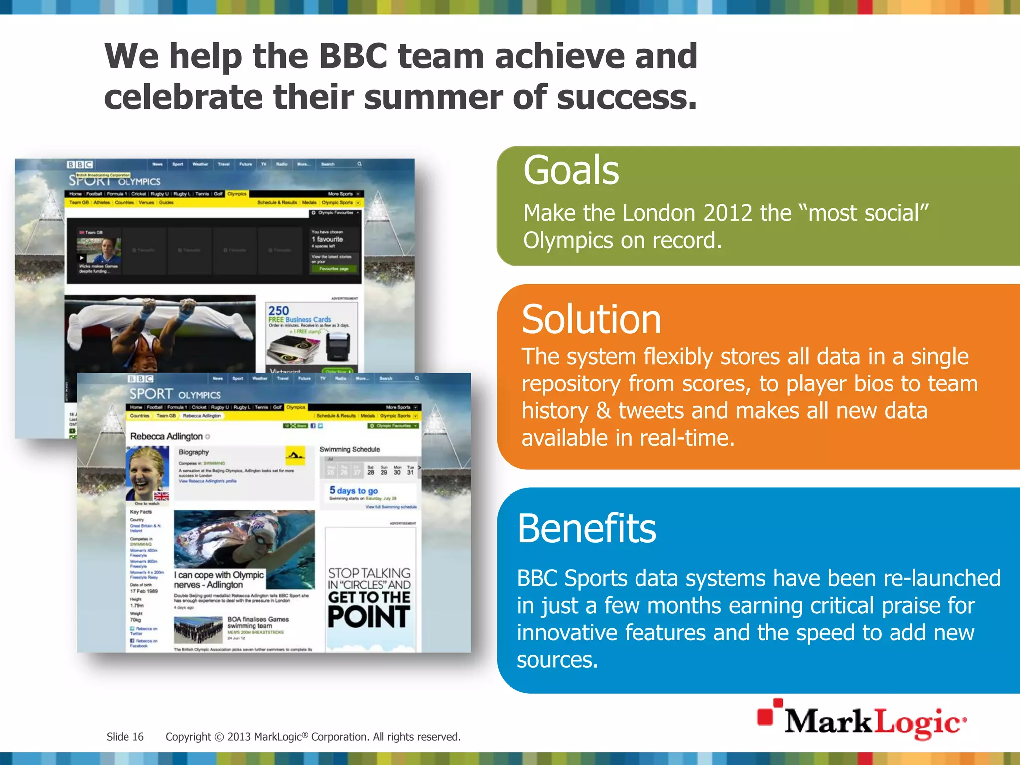 We help the BBC team achieve and celebrate their summer of success. Goals Make the London 2012 the “most social” Olympics on record. Solution Challenges The system flexibly stores all data in a single repository from scores, to player bios to team history & tweets and makes all new data available in real-time. Benefits BBC Sports data systems have been re-launched in just a few months earning critical praise for innovative features and the speed to add new sources. Slide 16 Copyright © 2013 MarkLogic® Corporation. All rights reserved. 