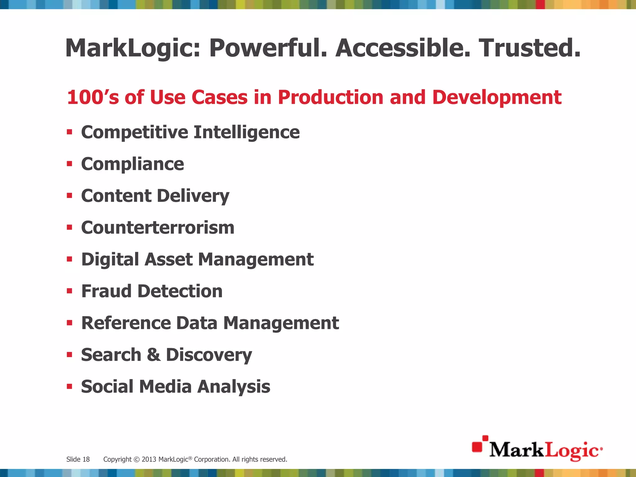 MarkLogic: Powerful. Accessible. Trusted. 100’s of Use Cases in Production and Development  Competitive Intelligence  Compliance  Content Delivery  Counterterrorism  Digital Asset Management  Fraud Detection  Reference Data Management  Search & Discovery  Social Media Analysis Slide 18 Copyright © 2013 MarkLogic® Corporation. All rights reserved. 