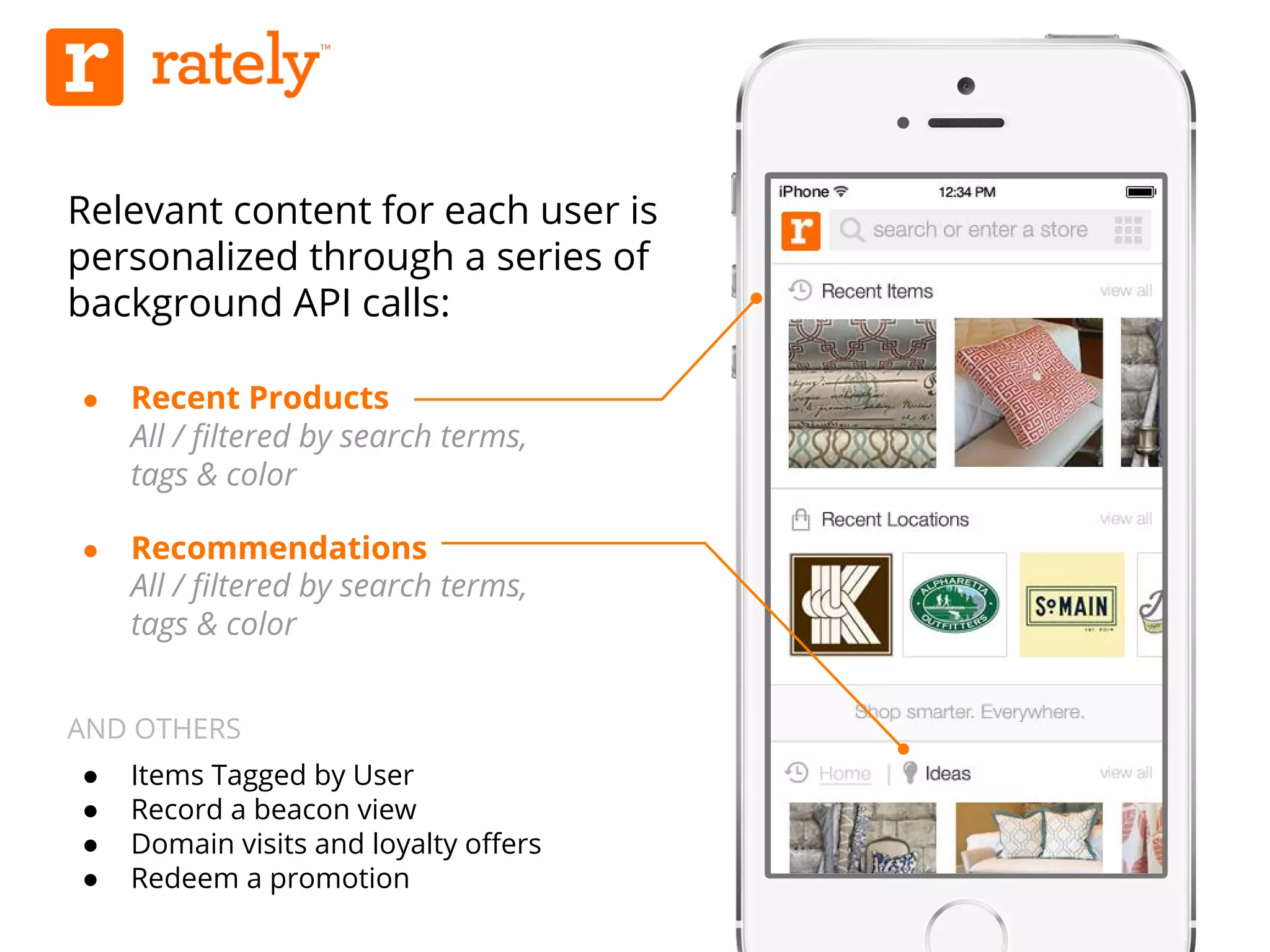 Relevant content for each user is 
personalized through a series of 
background API calls: 
● Recent Products 
All / filtered by search terms, 
tags & color 
● Recommendations 
All / filtered by search terms, 
tags & color 
AND OTHERS 
● Items Tagged by User 
● Record a beacon view 
● Domain visits and loyalty offers 
● Redeem a promotion 
 