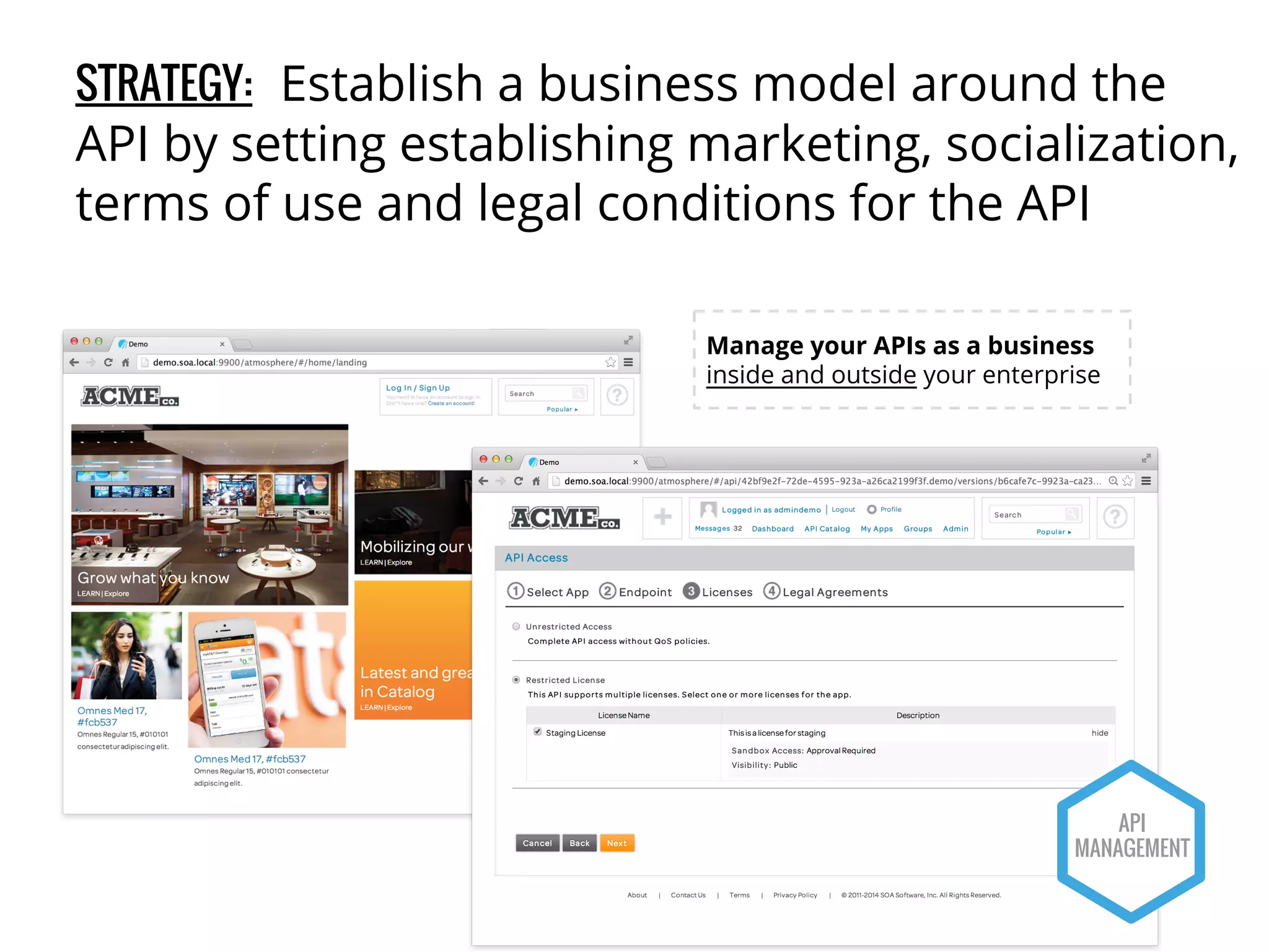 STRATEGY: Establish a business model around the 
API by setting establishing marketing, socialization, 
terms of use and legal conditions for the API 
Manage your APIs as a business 
inside and outside your enterprise 
API 
MANAGEMENT 
 