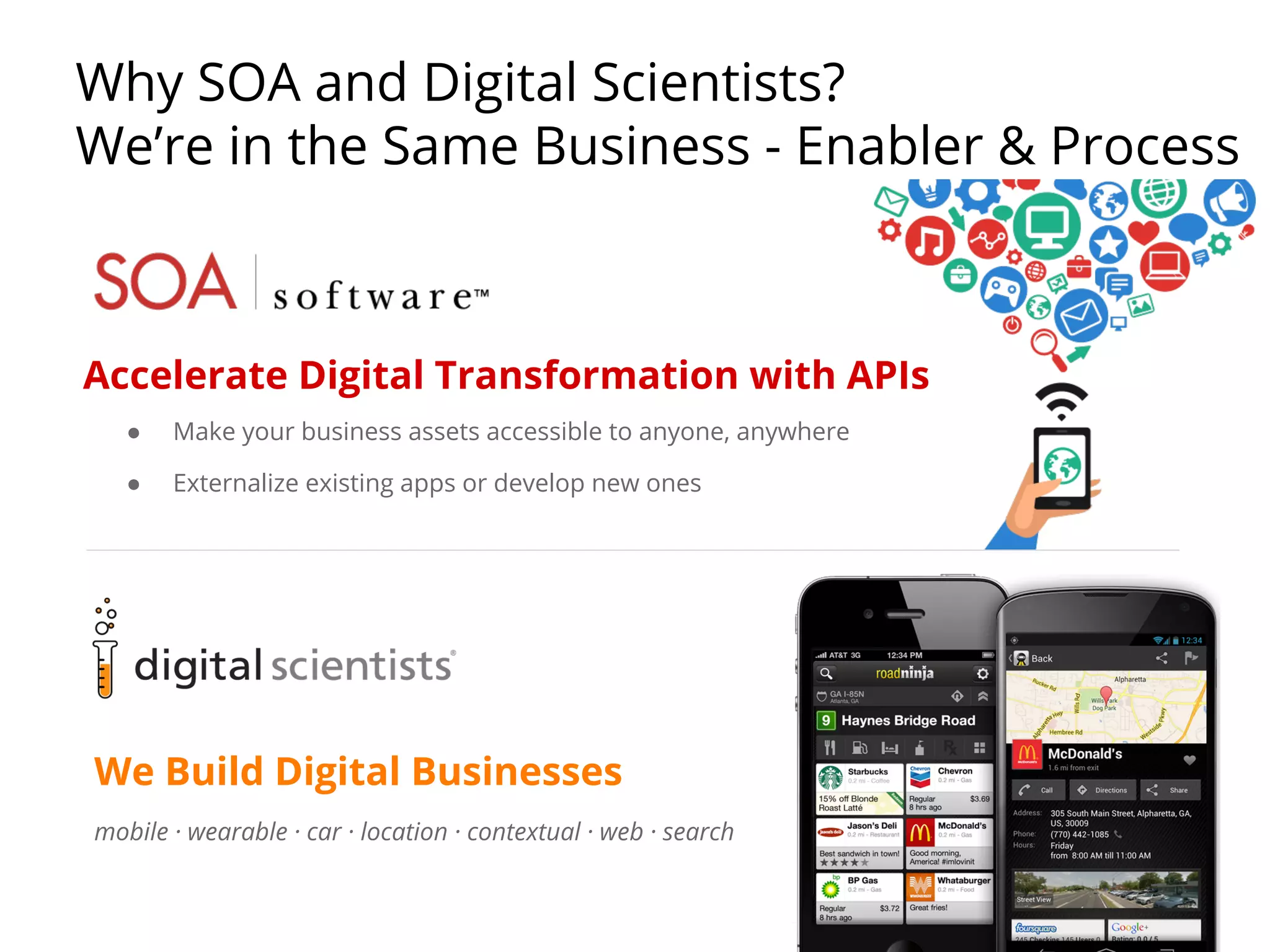Why SOA and Digital Scientists? 
We’re in the Same Business - Enabler & Process 
Accelerate Digital Transformation with APIs 
● Make your business assets accessible to anyone, anywhere 
● Externalize existing apps or develop new ones 
We Build Digital Businesses 
mobile · wearable · car · location · contextual · web · search 
 