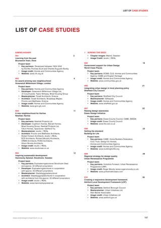 LIST OF CASE STUDIES

LIST OF CASE STUDIES

1

AIMING HIGHER
001
Learning from the past
Brunswick Town, Hove

2

4

Project team:
• Key partners: Exploateringskontoret Stockholm Stad
and approx. 20 different proprietors
• Developer: Exploateringskontoret in cooperation
with approx. 20 different proprietors
• Masterplanner: Stadsbyggnadskontoret
• Architect: Stadsbyggnadskontoret in cooperation
with architects from the approx. 20 different proprietors
• Image credit: studio | REAL
• Weblink: www.hammarbysjostad.se

21

Project team:
• Key partners: Sheffield City Council
• Masterplanner: Gillespies
• Image credit: Homes and Communities Agency
• Weblink: www.sheffield.gov.uk

11

007
Raising design awareness
Essex Design Initiative

22

Project team:
• Key partners: Essex County Council, CABE, SEEDA
• Image credit: Essex County Council
• Weblink: www.the-edi.co.uk

Project team:
• Key partners: Newhall Projects Ltd
• Developer: Copthorn Homes, Barratt Homes,
Moat Housing Group, Newhall Projects Ltd,
CALA Homes, Spaceover, Galliford Try
• Masterplanner: studio | REAL
• Architect: Proctor and Matthews Architects,
Robert Hutson Architects, studio | REAL,
ECD Architects, Richard Murphy Architects,
ORMS Architects, PCKO Architects,
Alison Brooks Architects
• Image credit: studio | REAL
• Weblink: www.studioreal.co.uk
004
Inspiring sustainable development
Hammarby Sjöstad, Stockholm, Sweden

19

Project team:
• Key partners: DCMS, CLG, Homes and Communities
Agency, CABE and English Heritage
• Image credit: Homes and Communities Agency
• Weblink: www.communities.gov.uk
006
Integrating urban design in local planning policy
Sheffield City Council

Project team:
• Key partners: Homes and Communities Agency
• Developer: Greenwich Millennium Village Ltd,
JV Countryside, Taylor Wimpey, Moat Housing Group
• Masterplanner: Tovatt Architects, Erskine
• Architect: Tovatt Architects, Broadway Maylan,
Proctor and Matthews, Erskine
• Image credit: Homes and Communities Agency
• Weblink: www.gmv.gb.com
003
A new neighbourhood for Harlow
Newhall, Harlow

Chapter images: Malmö, Sweden
Image Credit: studio | REAL

005
Government support for Urban Design
World Class Places

Project team:
• Key partners: Developed between 1824-1840
by the Rev Thomas Scutt and Charles Augustin Busby
• Image credit: Homes and Communities Agency
• Weblink: www.rth.org.uk
002
An award-winning new neighbourhood
Greenwich Millennium Village, London

SOWING THE SEED
•
•

008
Setting the standard
Building for Life

23

Project team:
• Key partners: CABE, Home Builders Federation,
Civic Trust, Design for Homes,
Homes and Communities Agency
• Image credit: Homes and Communities Agency
• Weblink: www.buildingforlife.org
12

009
Regional strategy for design quality
Urban Renaissance Programme

29

Project team:
• Key partners: Yorkshire Forward, Urban Renaissance
Programme (URP)
• Image credit: Roger Moody (www.rogervmoody.co.uk)
• Weblink: www.yorkshireforward.com
010
Creating a responsive development framework
Ashford Local Development Framework (LDF)

30

Project team:
• Key partners: Ashford Borough Council
• Masterplanner: Urban Initiatives Ltd,
Alan Baxter Associates
• Image credit: Urban Initiatives Ltd
• Weblink: www.ashford.gov.uk

www.urbandesigncompendium.co.uk

197

 
