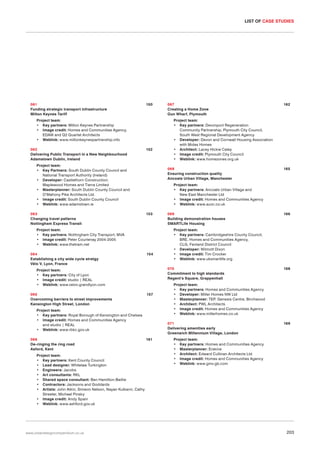 LIST OF CASE STUDIES

061
Funding strategic transport infrastructure
Milton Keynes Tariff

150

Project team:
• Key partners: Milton Keynes Partnership
• Image credit: Homes and Communities Agency,
EDAW and Q2 Quartet Architects
• Weblink: www.miltonkeynespartnership.info
062
Delivering Public Transport in a New Neighbourhood
Adamstown Dublin, Ireland

152

Project team:
• Key Partners: South Dublin County Council and
National Transport Authority (Ireland)
• Developer: Castlethorn Construction;
Maplewood Homes and Tierra Limited
• Masterplanner: South Dublin County Council and
O’Mahony Pike Architects Ltd.
• Image credit: South Dublin County Council
• Weblink: www.adamstown.ie
063
Changing travel patterns
Nottingham Express Transit

153

154

Project team:
• Key partners: Kent County Council
• Lead designer: Whitelaw Turkington
• Engineers: Jacobs
• Art consultants: RKL
• Shared space consultant: Ben Hamilton-Baillie
• Contractors: Jacksons and Goddards
• Artists: John Atkin, Simeon Nelson, Nayan Kulkarni, Cathy
Streeter, Michael Pinsky
• Image credit: Andy Spain
• Weblink: www.ashford.gov.uk

www.urbandesigncompendium.co.uk

069
Building demonstration houses
SMARTLife Housing

157

168

Project team:
• Key partners: Homes and Communities Agency
• Developer: Miller Homes NW Ltd
• Masterplanner: TEP, Genesis Centre, Birchwood
• Architect: PWL Architects
• Image credit: Homes and Communities Agency
• Weblink: www.millerhomes.co.uk
071
Delivering amenities early
Greenwich Millennium Village, London

161

166

Project team:
• Key partners: Cambridgeshire County Council,
BRE, Homes and Communities Agency,
CLG, Fenland District Council
• Developer: Wilmott Dixon
• Image credit: Tim Crocker
• Weblink: www.uksmartlife.org
070
Commitment to high standards
Regent’s Square, Grappenhall

Project team:
• Key partners: Royal Borough of Kensington and Chelsea
• Image credit: Homes and Communities Agency
and studio | REAL
• Weblink: www.rbkc.gov.uk
066
De-ringing the ring road
Asford, Kent

165

Project team:
• Key partners: Ancoats Urban Village and
New East Manchester Ltd
• Image credit: Homes and Communities Agency
• Weblink: www.auvc.co.uk

Project team:
• Key partners: City of Lyon
• Image credit: studio | REAL
• Weblink: www.velov.grandlyon.com
065
Overcoming barriers to street improvements
Kensington High Street, London

162

Project team:
• Key partners: Devonport Regeneration
Community Partnership, Plymouth City Council,
South West Regional Development Agency
• Developer: Devon and Cornwall Housing Association
with Midas Homes
• Architect: Lacey Hickie Caley
• Image credit: Plymouth City Council
• Weblink: www.homezones.org.uk
068
Ensuring construction quality
Ancoats Urban Village, Manchester

Project team:
• Key partners: Nottingham City Transport, MVA
• Image credit: Peter Courtenay 2004-2005
• Weblink: www.thetram.net
064
Establishing a city wide cycle stretgy
Vélo V, Lyon, France

067
Creating a Home Zone
Gun Wharf, Plymouth

169

Project team:
• Key partners: Homes and Communities Agency
• Masterplanner: Erskine
• Architect: Edward Cullinan Architects Ltd
• Image credit: Homes and Communities Agency
• Weblink: www.gmv.gb.com

203

 
