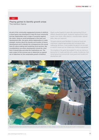 SOWING THE SEED 1.5

021
Playing games to identify growth areas
The Ashford Game

As part of the community engagement process in Ashford,
a board game was developed to help the local community
and key stakeholders test a range of scenarios against
the vision. Using an aerial photograph of the town and
development tiles, the game allows stakeholders to make
strategic choices about the density and location of future
development and to identify the consequences this would
have for place-making and sustaining local services. Key
considerations are where development should be, what
form it should take and what the implications are. The
main output of this process was to determine an agreed
set of objectives for the sustainable growth of Ashford.

Players worked together to place tiles representing 25 ha of
different development types: residential neighbourhood, living
quarter, town centre, office precinct, industrial estate, regional
parks, lakes and reservoirs.
The game requires good facilitation to ensure all issues are
understood, weighed appropriately and considered when
making key decisions. It also enables the game to be focused
on specific issues such as infrastructure, facility as appropriate.
The simplicity of the game has enabled it to also be used as a
training tool on master planning with a variety of audiences, from
central government economists, local government bodies and
development staff.

Playing the Ashford Game assisted the local community and stakeholders to make strategic choices about the density and location of development.

www.urbandesigncompendium.co.uk

51

 