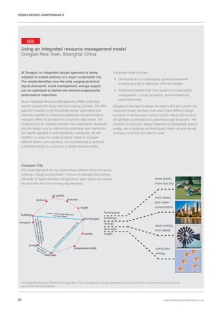 URBAN DESIGN COMPENDIUM 2

025
Using an integrated resource management model
Dongtan New Town, Shanghai, China

At Dongtan an integrated design approach is being
adopted to enable delivery of a major sustainable city.
The model identifies how the wide ranging technical
inputs (transport, waste management, energy supply)
can be optimised to deliver the desired sustainability
performance objectives.

Using the model includes:
• Development of a sustainability appraisal framework
comprising a set of objectives, KPIs and targets
• Establishing targets that cover aspects of sustainability

Arups Integrated Resource Management (IRM) model was
used to support the design decision-making process. The IRM
approach enables multi-disciplinary design parameters that
have the potential to influence sustainability key performance
indicators (KPIs) to be input into a common data model. The
model acts as an interface between the sustainability framework
and the design, and by referencing underlying data inventories,
can rapidly appraise a multi-disciplinary masterplan. Its real
benefit is in using the model iteratively initially to compare
different options and scenarios, and subsequently to optimise
a selected design by a process of design-evaluate-refine.

management – social, economic, environmental and
natural resources
Dongtan is intended to deliver the world’s first zero carbon city.
Using the model, the team were able to test different design
scenarios to derive a zero carbon solution taking into account
all significant contributions to greenhouse gas emissions. This
involved, for example, design measures to dramatically reduce
energy use in buildings and employing mixed use and density
scenarios to reduce the need to travel.

Compact City
This cycle highlights the key relationships between form and space,
buildings, energy and land take. It shows for example that building
efficiently at higher densities with generous open space can reduce
the land take and in turn energy requirements.

air quality

more lakes,
less water
consumption

inclusion

land use

health

at reduce
ildings th consumption
with bu
ergy
ycle en
issions
ide emm
their lifec
on diox
and carb

buildings

m

pa

ct

cit

y

energy
viability

clean energy
from waste

health

cin

g

la
n

d

ta

ke

to

cr
e

at

e

a

co

land take

co
st
us effe
e o cti
f la ve
nd

du

energy

form & space

re

transport

form/space

creates a denser urba
n fabric and
more open space

buildings

more green,
more eco city

land take

employment/skills

using less
energy

The Integrated Resource Model for Dongtan New Town illustrates how design parameters such as built form, environment and social issues
have influenced sustainability.

62

www.urbandesigncompendium.co.uk

 